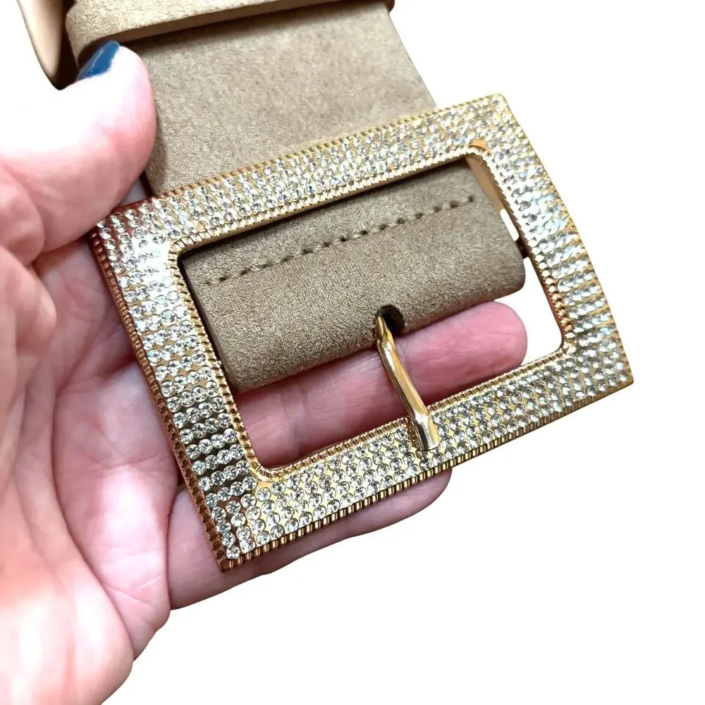 Wide ladies faux suede fashion belt rose gold buckle & clear white rhinestones